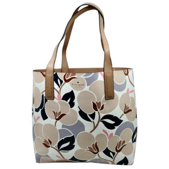 KATE SPADE~Arch Place Mya~REVERSIBLE EXTRA LARGE LEATHER TOTE BAG FLORAL & BEIGE - Picture 1 of 5